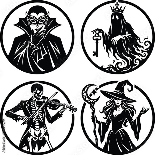 Gothic halloween character icons group featuring a vampire, crowned ghost, skeleton violinist, and witch.