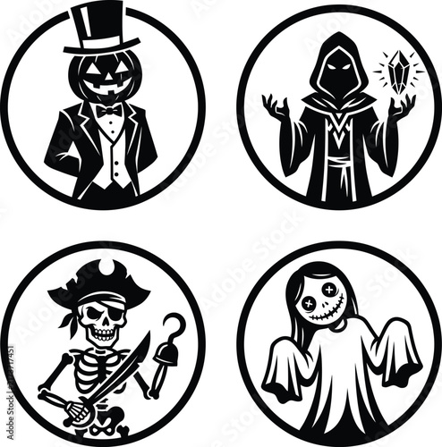 Group of four spooky black and white halloween character icons including pumpkin man, mage, skeleton pirate, and doll.