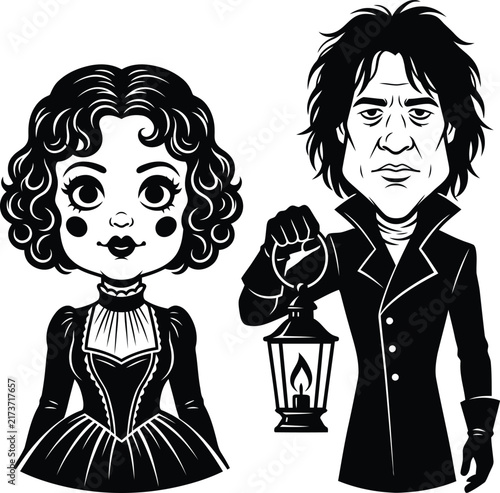 Black and white vector clipart drawing featuring a vintage gothic couple with a lantern and curly hair.