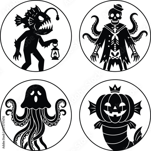Collection of four spooky ocean monster round icons featuring anglerfish sailor skeleton ghost octopus pumpkin fish vector illustrations.