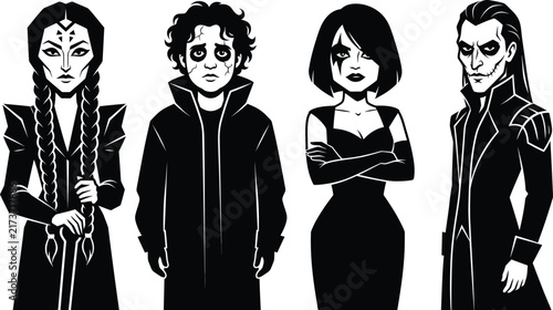 Black and white minimalist vector sketch of four stylish gothic characters standing together.