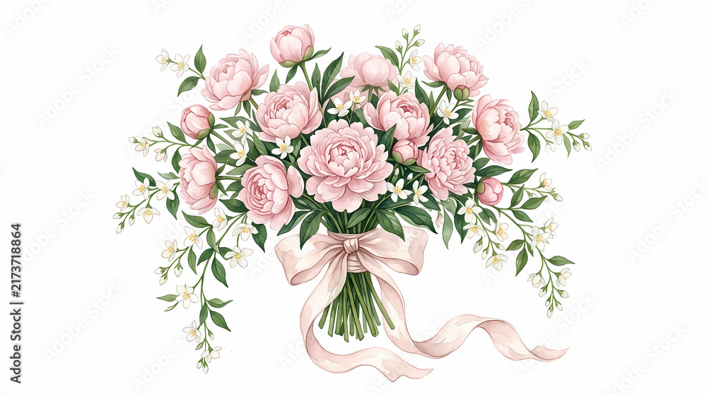 Obraz premium A lush arrangement of soft pink peony blossoms gathered into a festive bouquet tied with silk ribbon for seasonal celebration and weddings representing natural beauty and romantic floral