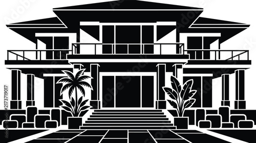 Up-to-date luxury mansion vector sketch featuring two story villa with palm trees and stylish architectural structure silhouette.