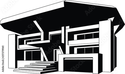 Contemporary brutalist architecture building vector rendering featuring bold geometric lines and dynamic black shadows.