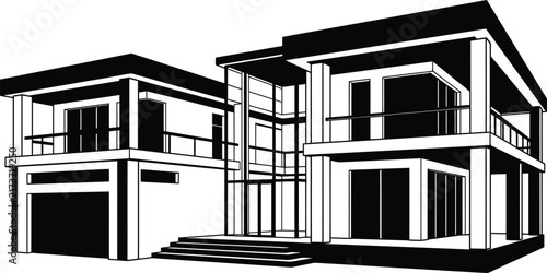 Black and white vector rendering of a current luxury two story villa with exterior structure features.