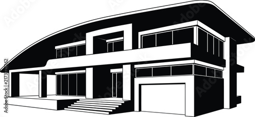 Up-to-date two-story luxury house vector rendering featuring a sleek curved roofline, expansive glass windows, and a multi-car garage.