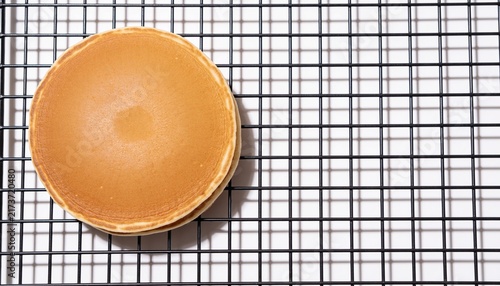 Golden Japanese Pancakes, Fluffy Dorayaki, Round Hotcakes, Bakery Dessert, Flat Lay Food Photography, Grid Rack Copy Space, Fresh Pastry, Delicious Morning Snack, Homemade Treat