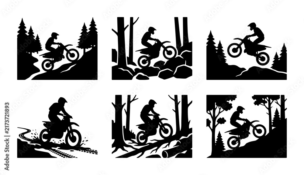 Fototapeta premium Motocross Rider Silhouettes, Extreme Sports Action Scenes, Off-Road Motorcycle Trails, Forest Adventure Vector Set