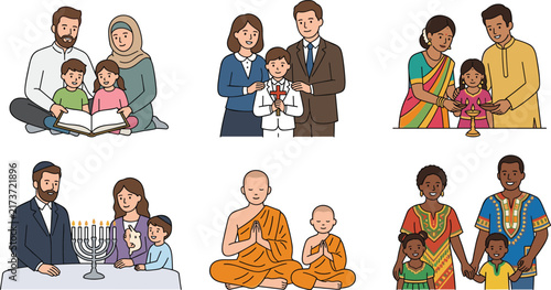 Canvas Print Diverse Global Religion and Culture Family Character Set Featuring Islamic, Chri