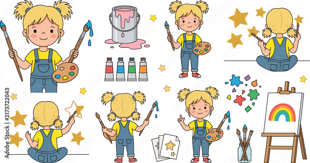 Fototapeta premium Cute Creative Artist Girl Character Set with Paint Palettes, Brushes, Easel, Canvas, Color Tubes, and Star Mural Flat Vector Illustration