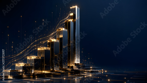 Luxury 3D conceptual illustration of a series of polished metallic financial blocks progressively increasing in height and value toward the horizon, elegant streams of luminous particles flowing upwar