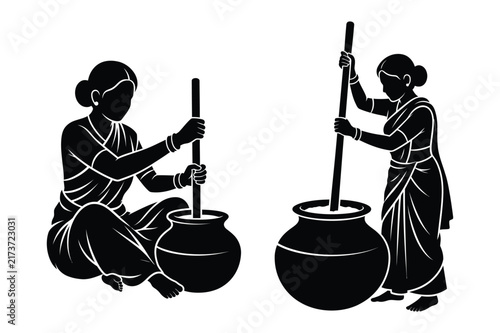 Photography Indian women churning butter or curd in traditional clay pots silhouette
