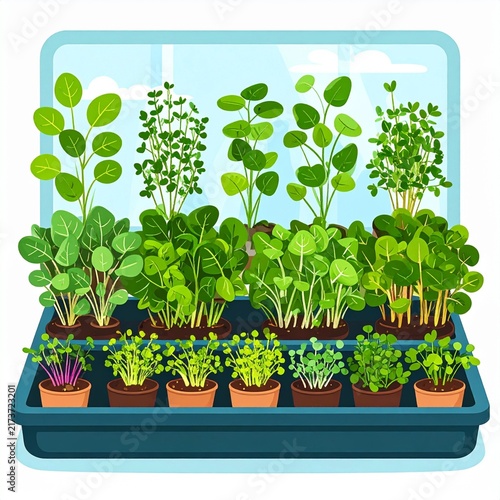 Flat vector illustration featuring a tray setup of various fresh microgreens and culinary herbs growing in small pots on a sunny indoor windowsill.