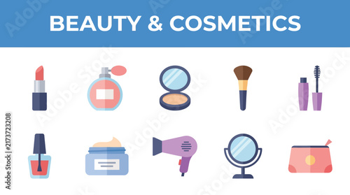 A collection of flat vector icons featuring essential tools and products for personal grooming skin care and makeup application routines