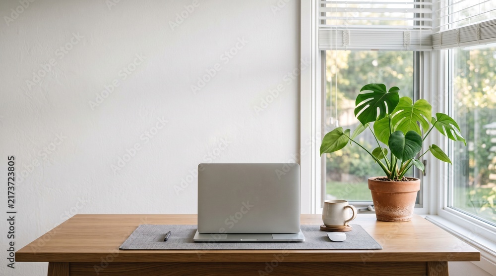 Fototapeta premium Clean minimalist room interior with laptop on table and sunlight from window