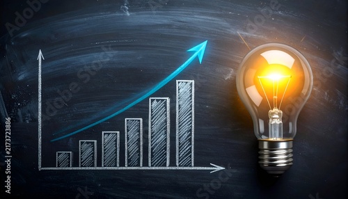 Bright light bulb with a rising blue arrow and increasing bar chart on a dark chalkboard, illustrating creative thinking, business expansion, progress, and positive growth.