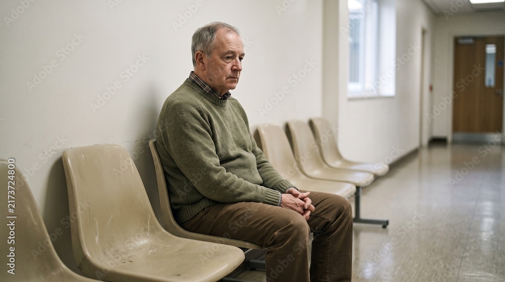 Fototapeta premium Elderly Man Sitting Alone in a Hospital Waiting Room Looking Concerned