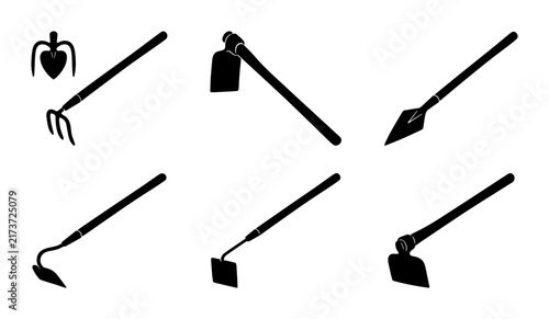 Bild auf Leinwand Gardening Tools Vector Icons: Hoes, Cultivators, and Digging Implements Set