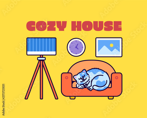Obraz na plátně Cute cozy house interior illustration featuring a sleeping cat on a sofa with a