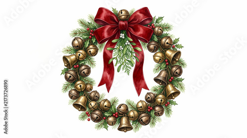 Decorative Festive Christmas Wreath Adorned With Golden Hanging Bells And Lush Green Pine Branches Featuring A Large Red Satin Ribbon Bow For Traditional Winter Holiday Season Home Door