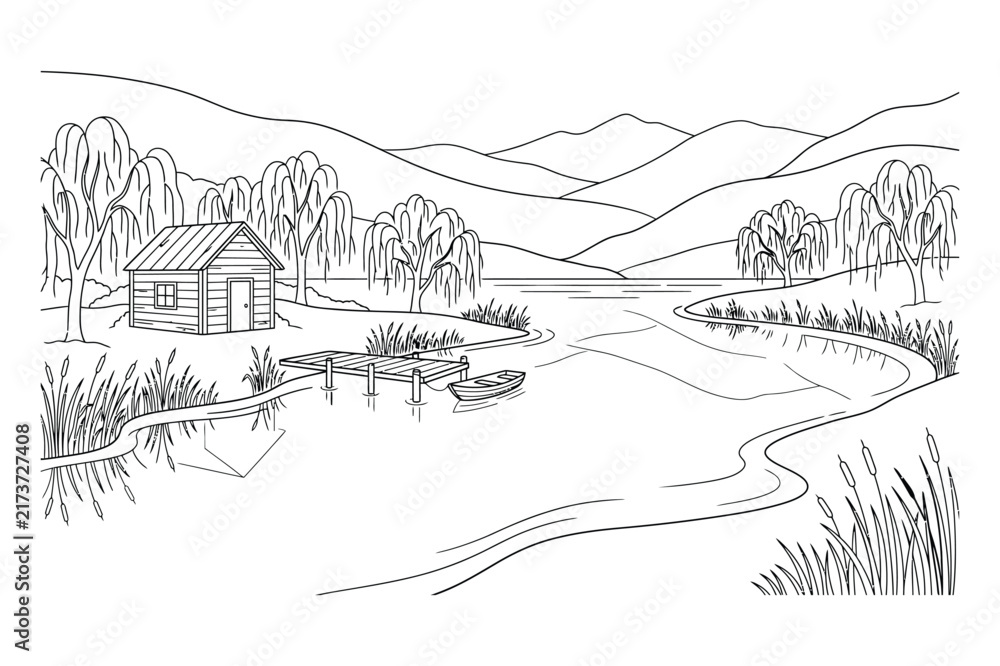 Fototapeta premium Rustic cabin near a winding river with distant rolling hills and trees