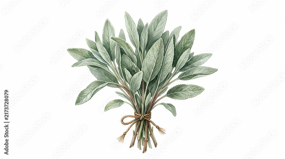 Fototapeta premium Fresh Green Sage Leaves Tied Together With Natural Twine For Culinary Use In Home Cooking And Gourmet Kitchen Recipes To Enhance The Flavor Profile Of Delicious Roasted Poultry Or Savory