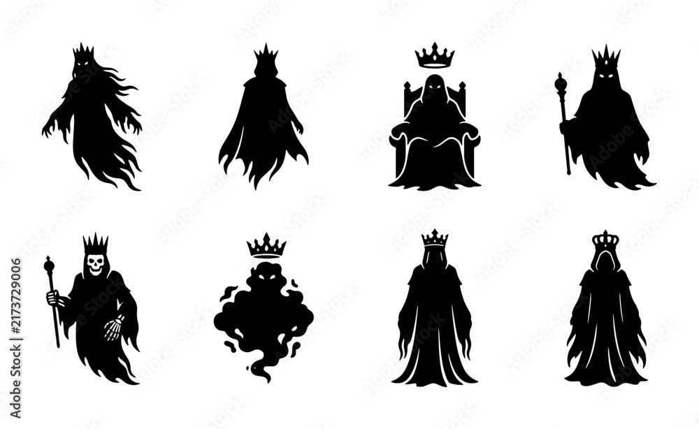 Fototapeta premium Royal Ghost Silhouettes, King and Queen Icons, Dark Fantasy Royalty Vector Set