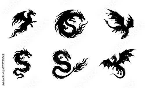 Mythical Dragon Silhouettes Collection, Fantasy Creature Vector Icons, Black Fantasy Beasts