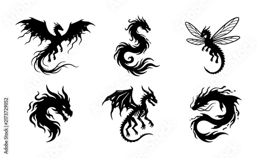 Mystical Dragon Silhouettes, Fantasy Creature Icons, Mythical Beast Vector Set