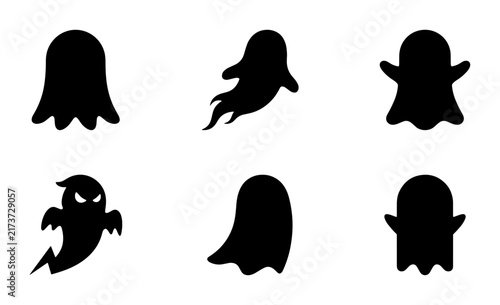 Black Ghost Icons Set, Spooky Halloween Vector Graphics, Cute and Scary Character Silhouettes