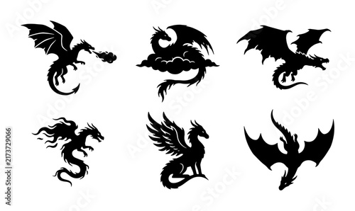 Mythical Dragon Silhouettes, Fantasy Creature Vector Icons, Fire Breathing Beasts Set, Dark Fantasy Art Elements