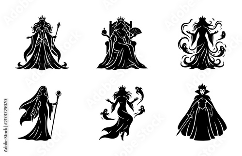 Royal Queen Silhouettes, Majestic Empress Icons, Regal Female Figures, Fantasy Monarch Vector Set