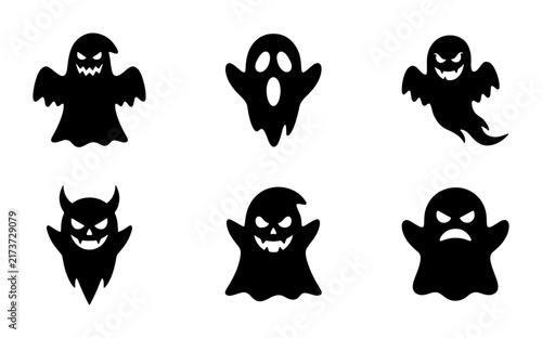 Spooky Halloween Ghost Icons, Black Silhouette Monsters, Scary Spirits Vector Set