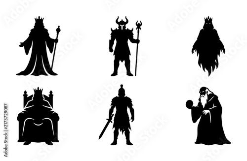 Fantasy King, Warrior, Wizard Silhouettes. Royal, Mythical, Medieval Character Icons.