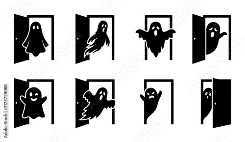Spooky Ghost Icons Emerging from Open Doors, Halloween Vector Set