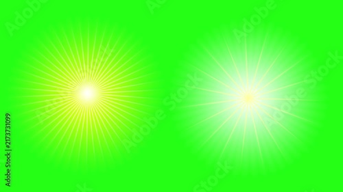 Yellow and white glowing sun with light rays on green screen chroma key
