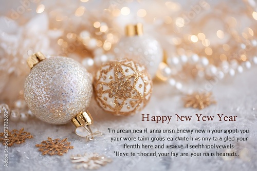 Festive New Year composition with sparkling ornaments, snowflakes, and pearls creating a warm and celebratory atmosphere.