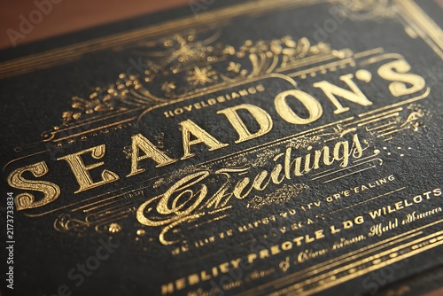 Detailed close-up of a vintage-style greeting card with gold lettering and ornate decorative elements on a dark background.