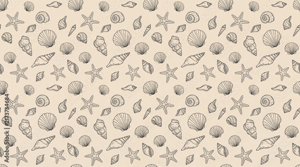 Seashells and starfish form a repeating vector pattern on a beige background