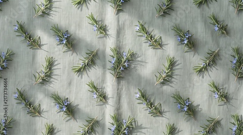 Rosemary sprigs scattered across a textured linen fabric backdrop