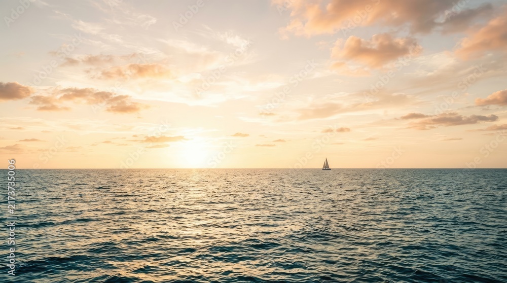 Obraz premium A sailboat glides across a calm ocean during a beautiful sunset. The sun is setting on the horizon, casting a warm glow over the water and sky.