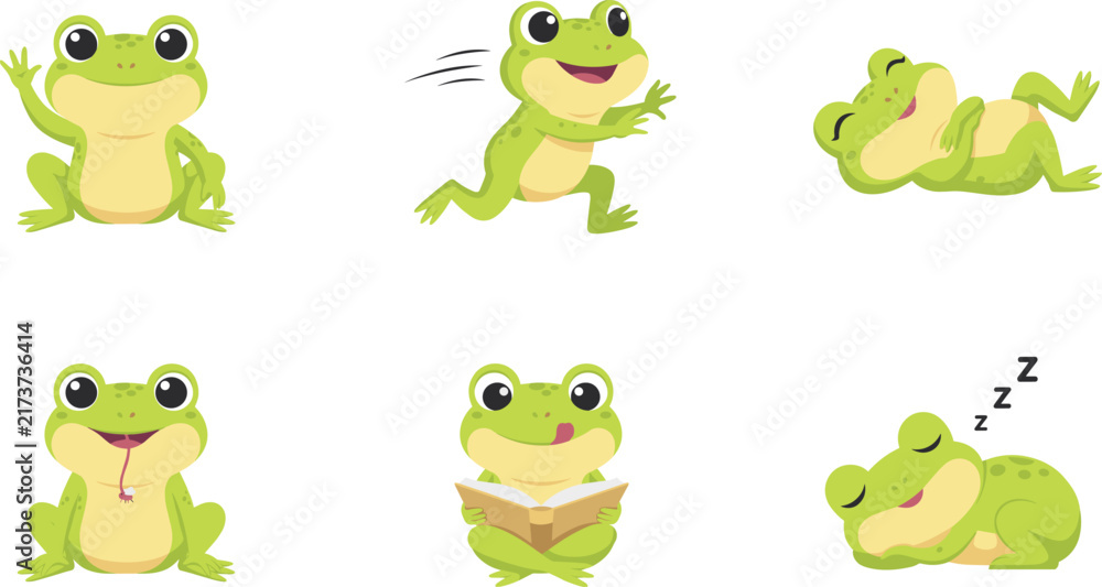 Fototapeta premium Cute cartoon frog character set showing different actions like waving, running, laughing, eating, reading, and sleeping for children books and stickers