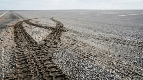 A vehicle’s tire tracks dominate the foreground of a desolate, flat landscape. The tracks, deeply imprinted in the dark, gravelly ground, lead towards a distant, hazy horizon.