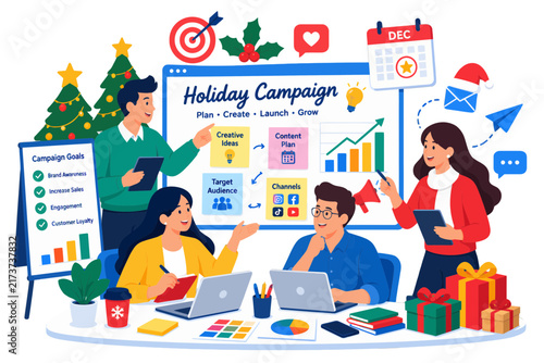 Diverse business team collaborating on a holiday marketing campaign strategy in the office.