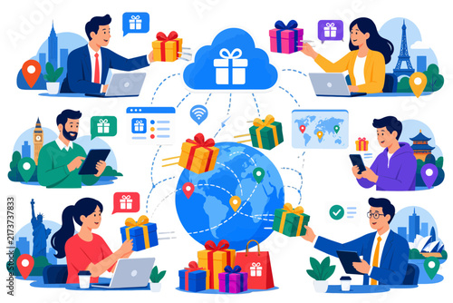 Global online gift delivery and e commerce concept with people sending presents worldwide via cloud technology.