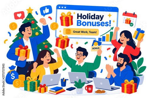 Happy office employees celebrating holiday bonuses and Christmas gifts together in the workplace.