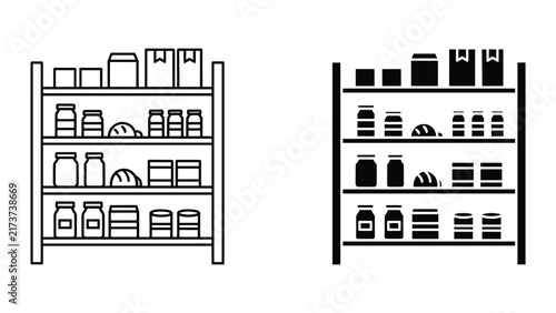 Shelving unit with food products, grocery store shelves with jars, cans, and boxes, flat vector icon set