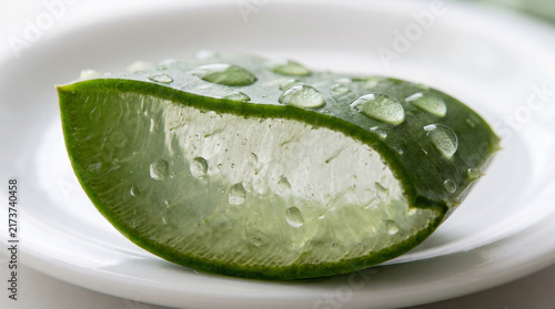 Fresh slice of aloe vera with water droplets