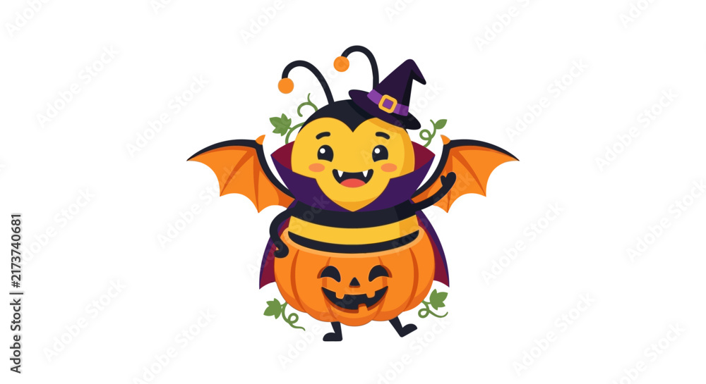 Fototapeta premium Cute Halloween Bee Character with Pumpkin and Witch Hat