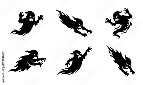 Fotografie Spooky Ghost Silhouettes, Haunting Halloween Icons, Scary Spirit Vector Set, Eer